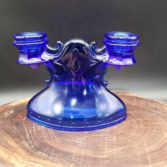 L.E. Smith Cobalt Blue Glass Double Candle Holder Mt Pleasant Pattern 1930s - Picture 1 of 7